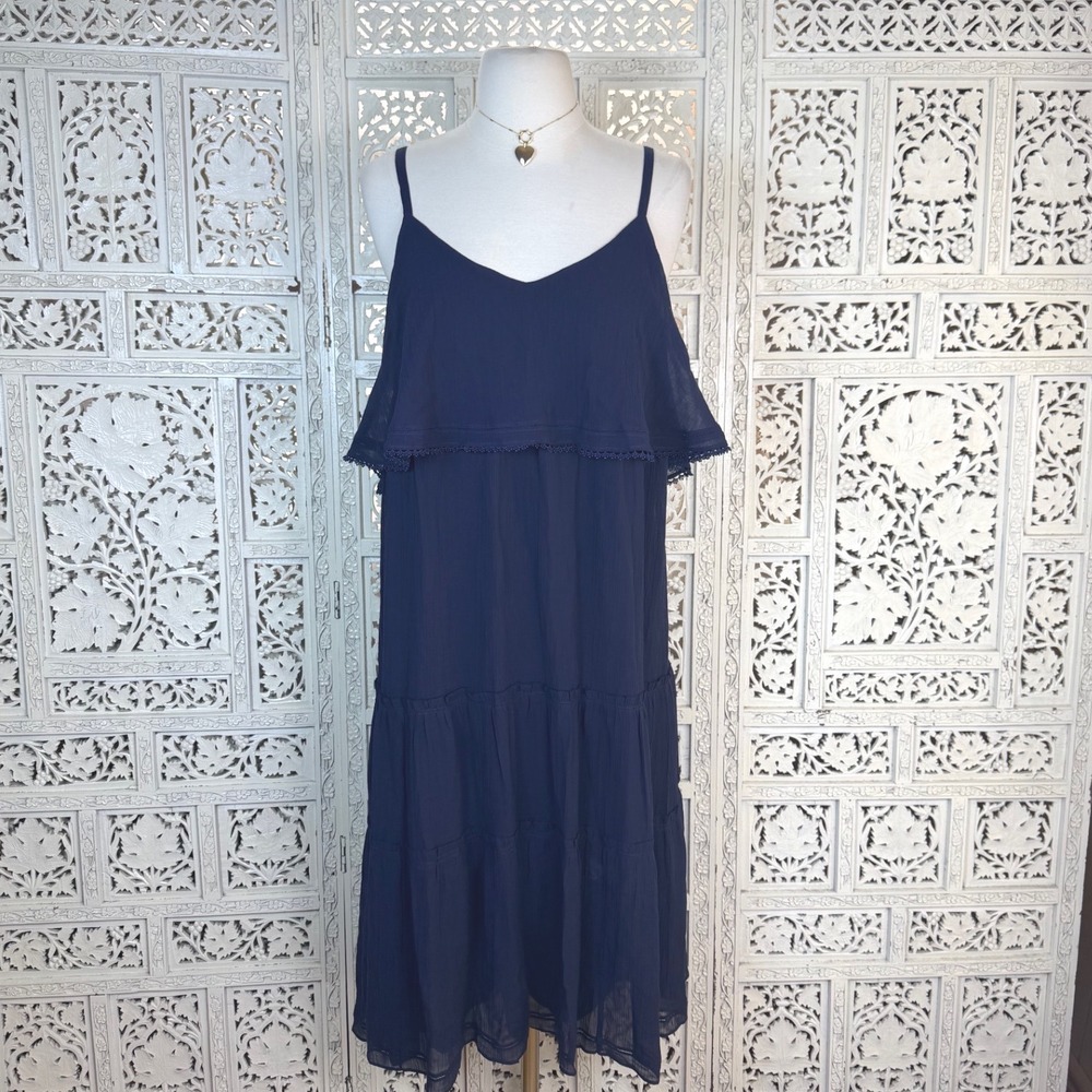 Trina Turk Silk Blend Navy Blue Tiered Dress Womens 2 Luxury Cocktail Flowy‎